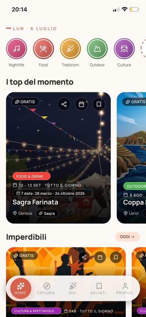 Schermata dell'app Che si fa? con gli eventi del giorno nel Levante ligure
